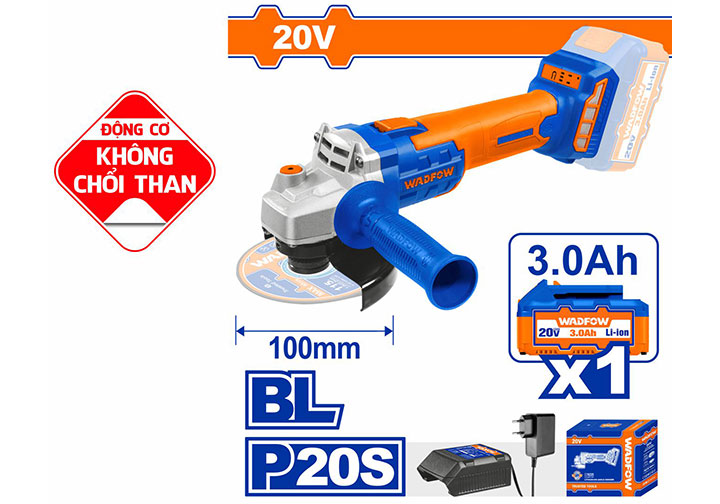 20V Máy mài góc 100mm (không chổi than) dùng pin Wadfow WLAPM11